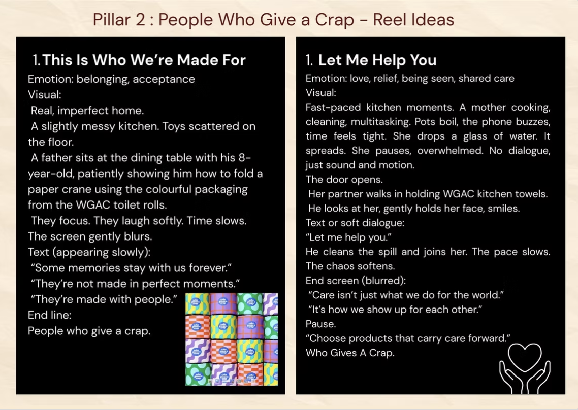 Pillar 2: People Who Give a Crap – reel concept boards