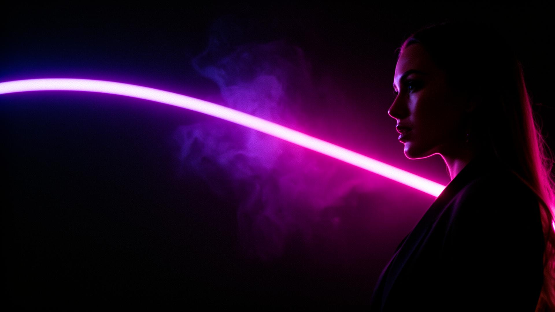 Cinematic profile portrait lit by a sweeping neon light streak